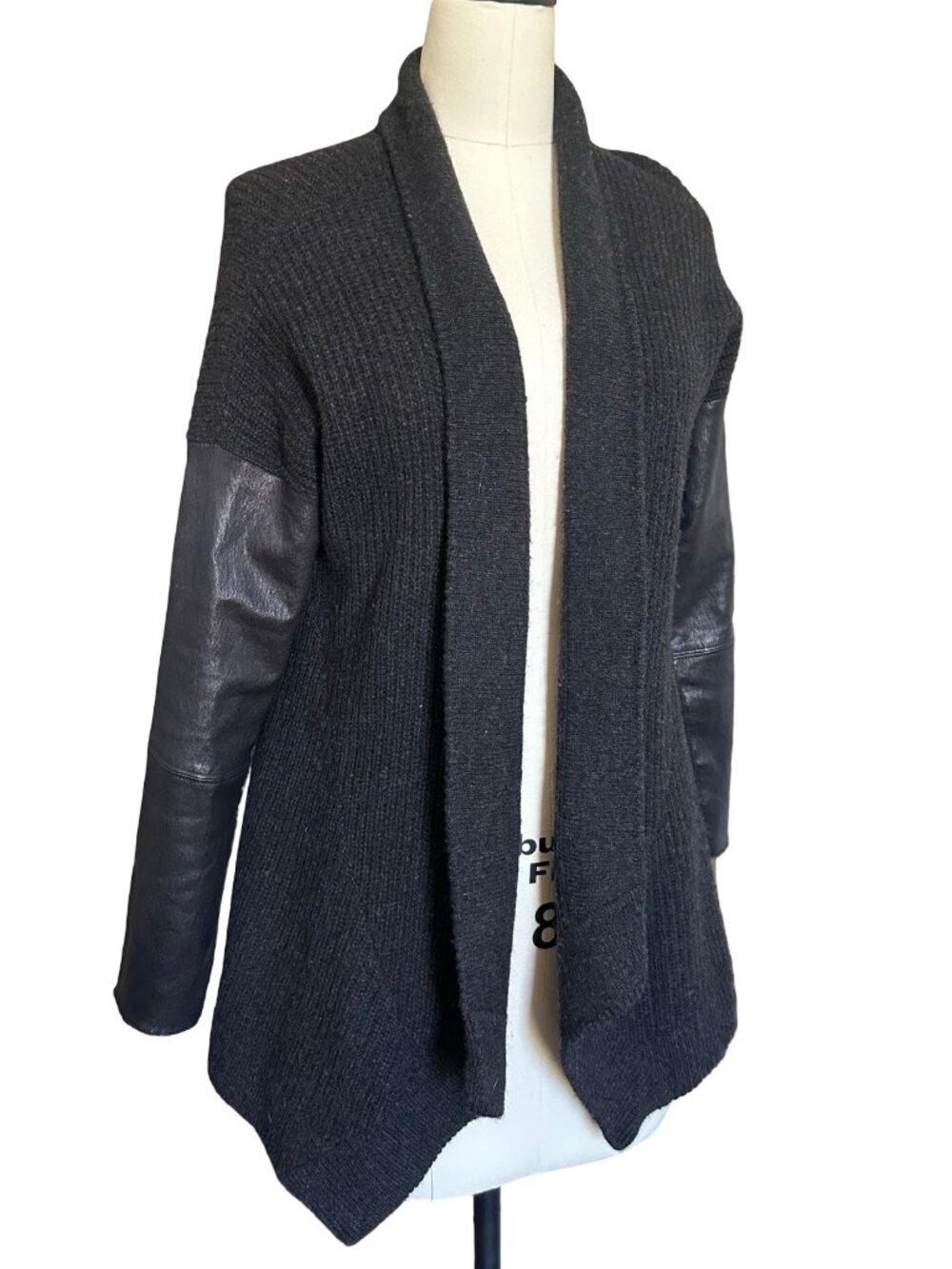 EILEEN FISHER Wool Long Open Cardigan Jacket Leather Sleeves Size Medium